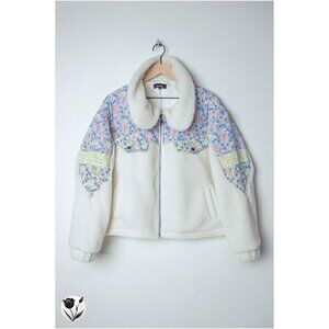 Lea&Viola Jacket Sz S Floral Patch Sherpa White Fleece Zip Warm Cozy Fall Winter